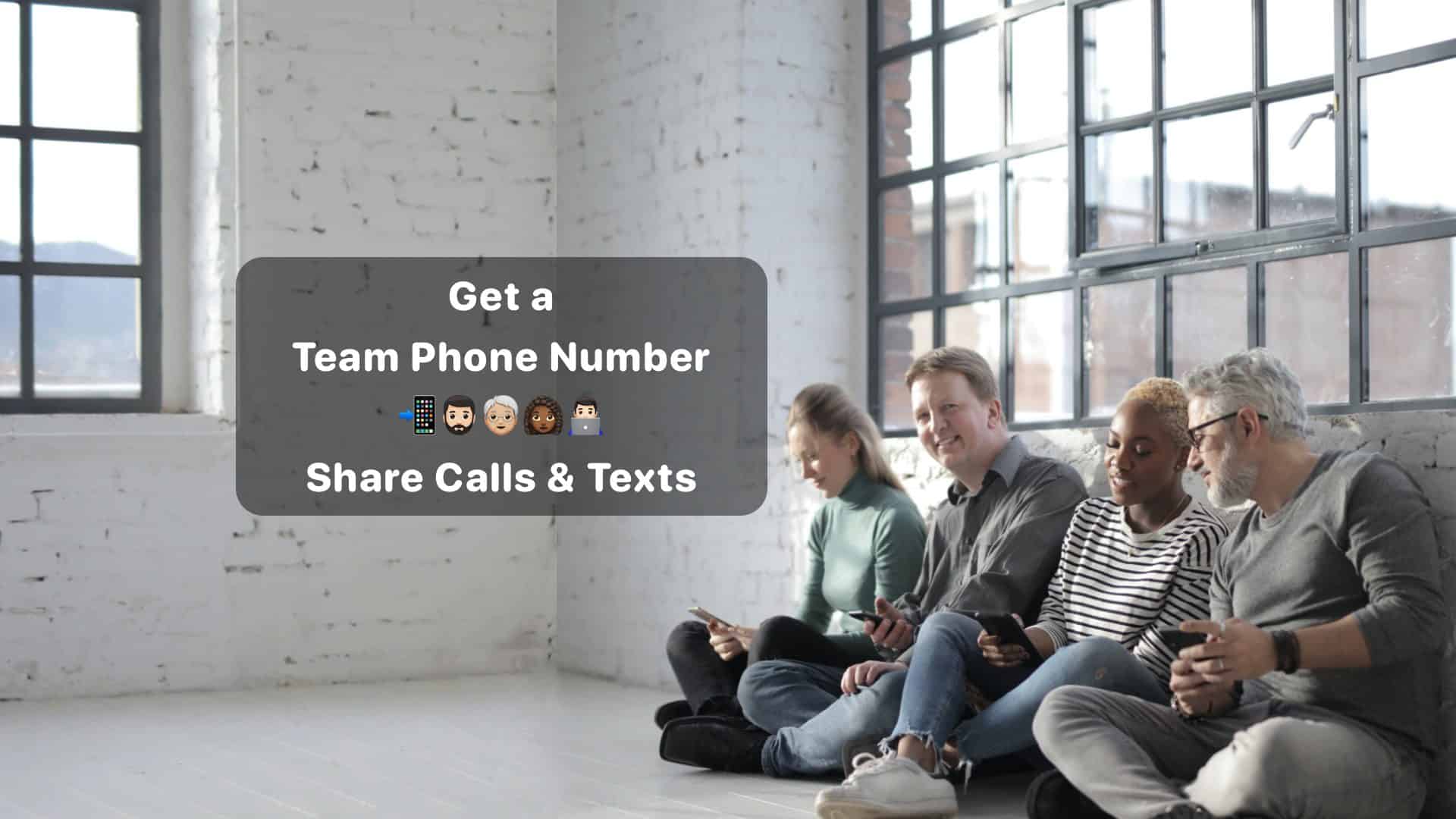 Team colleagues sitting down in office with mobile phones and LinkedPhone app - Shared phone number for business