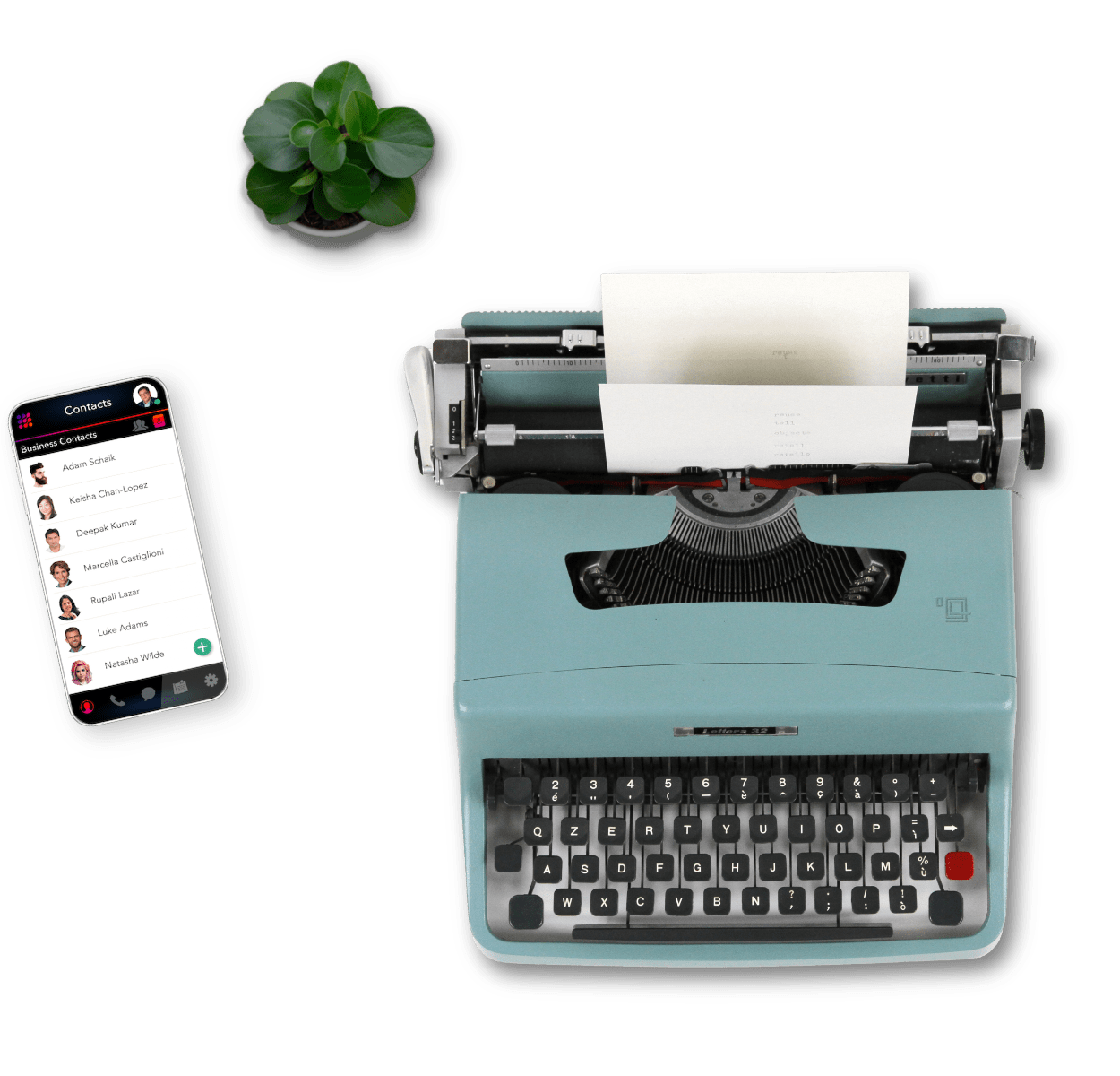 Typewriter, Plant, and Mobile Phone with Screenshot of LinkedPhone Mobile App Dialpad - LinkedPhone Virtual Phone System for Business